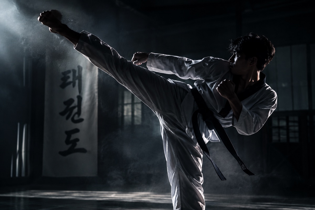 A taekwondo practitioner holding a high kick in a darkened training hall